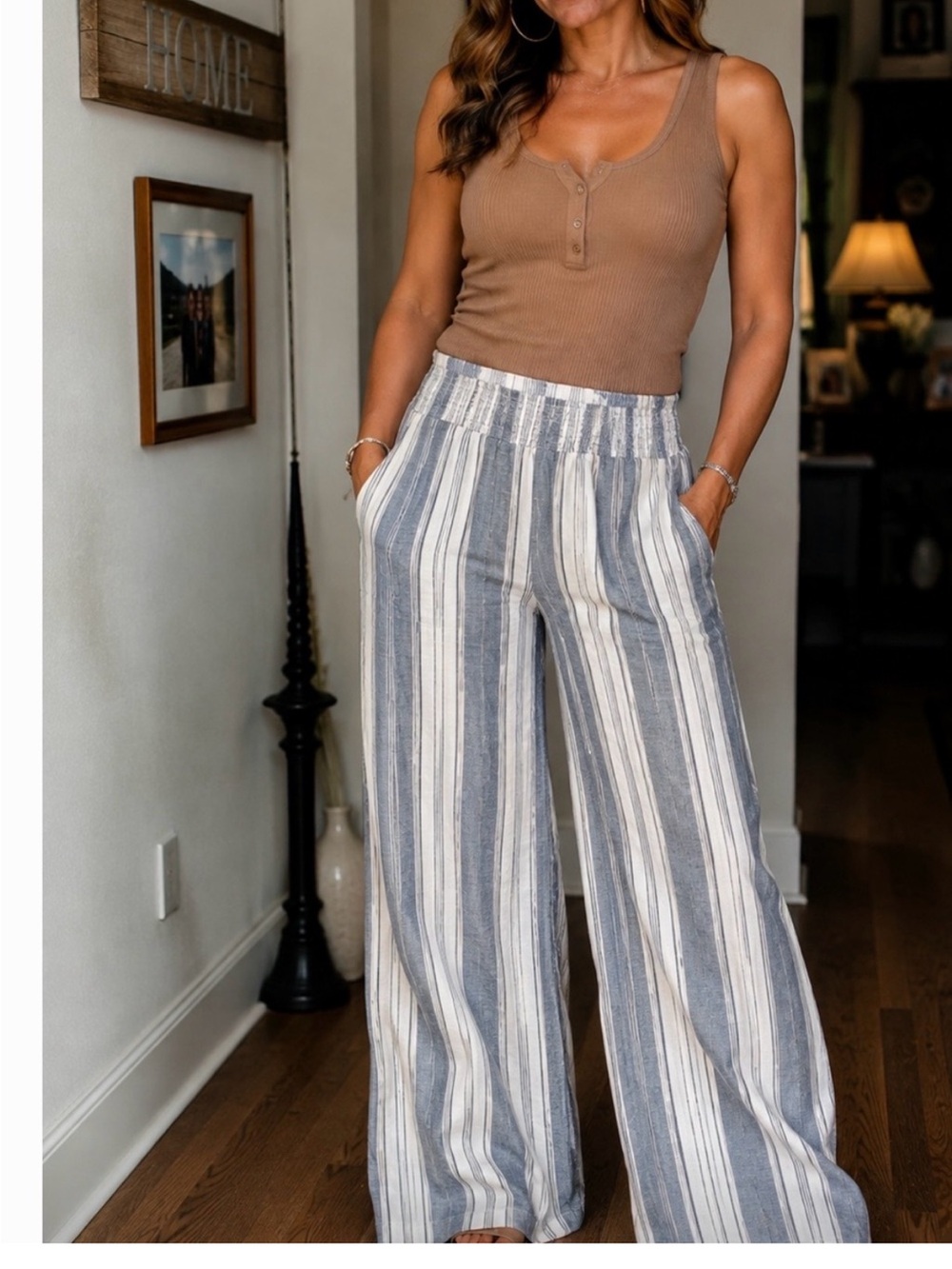 Indigo Rein Vertical Stripe Straight Leg Pants, linen and rayon. M